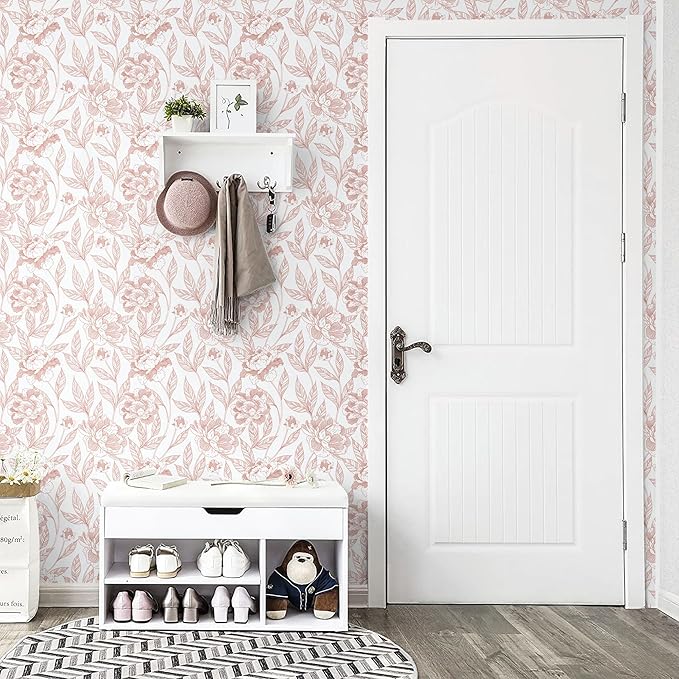Timeet Floral Wallpaper Peel and Stick White and Pink Self Adhesive Wall Paper Removable Decorative Wallpaper for Bedroom livingroom Decor 17In × 197In