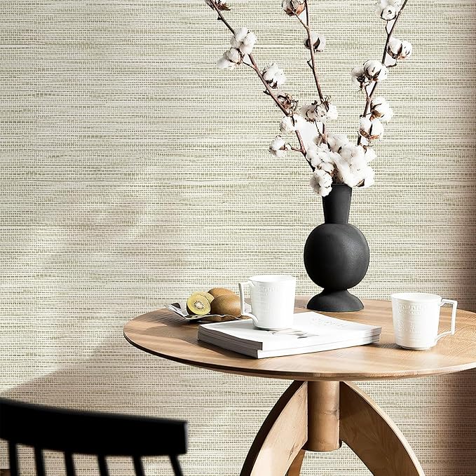 Simon&Siff Cream Textured Grasscloth Peel and Stick Wallpaper 17.7"x197" Neutral Faux Grassweave Wallpaper Waterproof Self Adhesive Removable Wallpaper Mural for Home Decor Bedroom Kitchen Cabinet