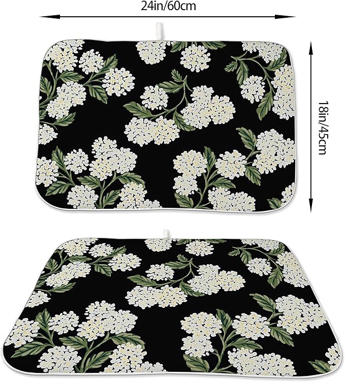 Spring Dish Drying Mat 18x24 Inches For Kitchen Counter Absorbent Black Beige Hydrangea Floral Kitchen Decoration Summer Flower Drying Mat Pad For Home Kitchen,Dining Room,Office Decor