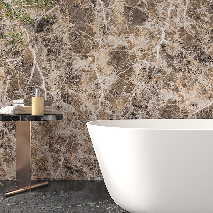 JSEVEM 16"×197" Thick Brown Marble Contact Paper Faux Brown Marble Granite Wallpaper Peel and Stick Glossy Textured Self Adhesive Waterproof Vinyl Furniture Stickers for Kitchen Countertops Cupboard
