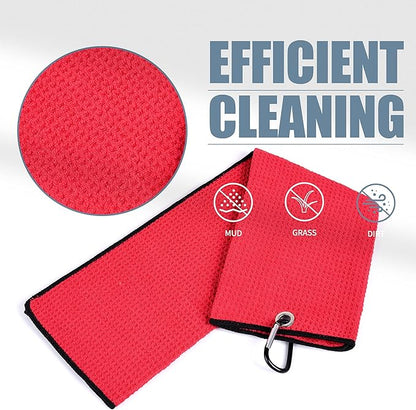 Mile High Life Tri-fold Golf Towel | 16" X 24" | Premium Microfiber Fabric | Waffle Pattern | with Heavy Duty Carabiner Clip | for Men and Women (2 Pack Red)