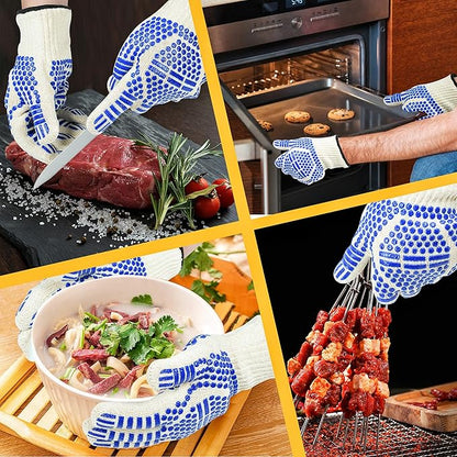 BBQ Gloves, Oven Gloves Extreme Heat & Cut Resistant Oven Mitts with Fingers for BBQ, Cooking, Grilling, Baking Grilling Gloves Silicone Non-Slip Oven Mitts, Kitchen Gloves (Blue)