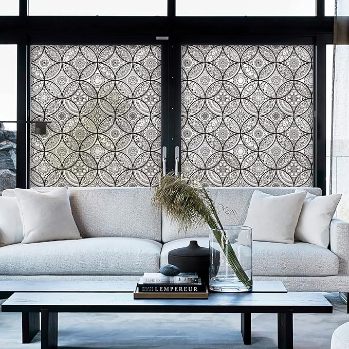 DKTIE Boho Stained Glass Look Window Privacy Film with Installation Tools, Decorative Frosted Glass Window Film Static Cling No Glue Removable, Pure Black, 17.7" x 118.1"