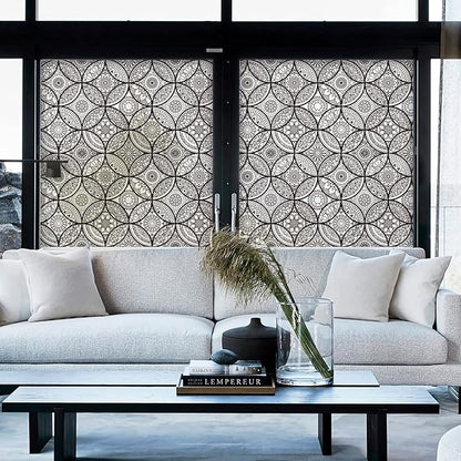 DKTIE Boho Stained Glass Look Window Privacy Film with Installation Tools, Decorative Frosted Glass Window Film Static Cling No Glue Removable, Pure Black, 17.7" x 118.1"