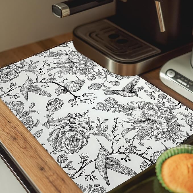 Black and White Floral Hummingbird Dish Drying Mat, Vintage Botanical Coffee Bar Mat for Countertops, Bird Flower Absorbent Dish Drying Mats for Kitchen Counter Coffee Maker, 16x24 Inch
