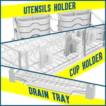 Simple Houseware White Dish Drying Rack with Drainboard, Utensil Holder & Mug Hooks – Metal Kitchen Counter Organizer