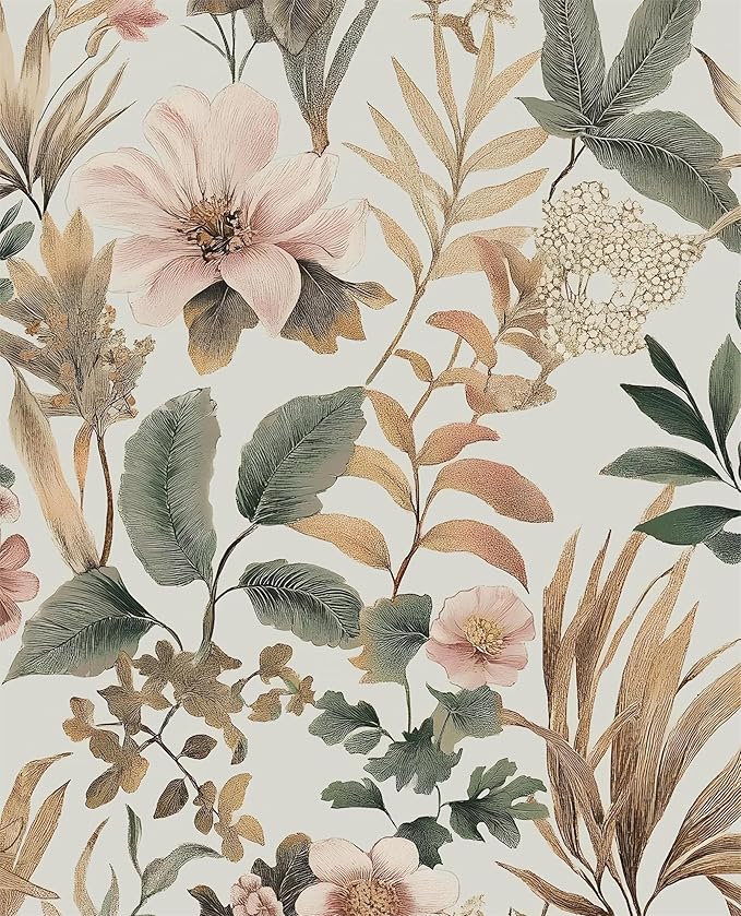 Vintage Floral Peel and Stick Wallpaper Pink Green Gold Botanical Contact Paper Vinyl Self Adhesive Removable Retro Leaf Wall Mural for Living Room Walls Cabinet Dresser Table Decor 17.5" x 118"
