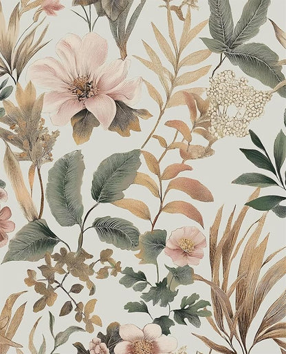 Vintage Floral Peel and Stick Wallpaper Pink Green Gold Botanical Contact Paper Vinyl Self Adhesive Removable Retro Leaf Wall Mural for Living Room Walls Cabinet Dresser Table Decor 17.5" x 118"