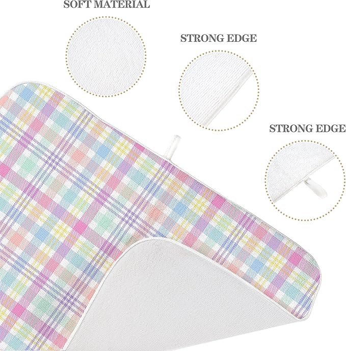 Spring Dish Drying Mat 18x24 Inches For Kitchen Counter Absorbent Easter Colorful Plaid Kitchen Decoration Pink Green Drying Mat Pad For Home Kitchen,Dining Room,Office Decor