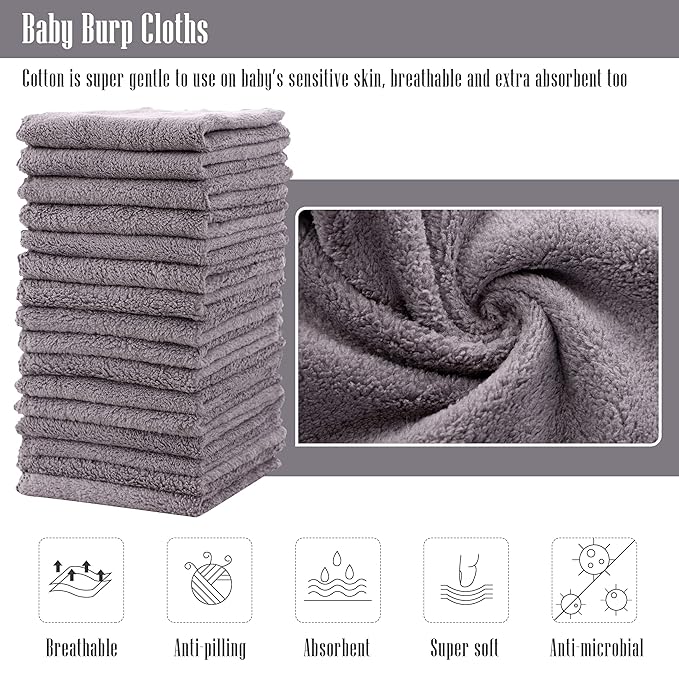 Cute Castle Ultra-Soft Baby Washcloths, 16 Pack - 9" by 9", Gentle on Sensitive Skin for Face and Body, Plush, Super Absorbent Wash Clothes for Girls and Boys, Grey