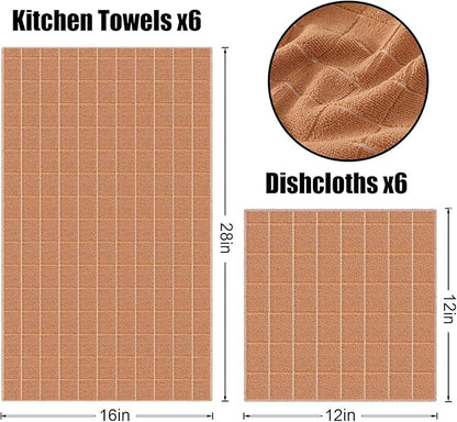 Homaxy Microfiber Kitchen Towels and Dishcloths Set, 12 Pack Soft and Absorbent Dish Hand Towels Bulk, 28 x 16 Inch & 12 x 12 Inch Quick Drying Rags for Washing Dishes, Camel
