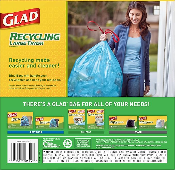 Glad Trash Bags, Large Drawstring Garbage Bags, 30 Gallon Blue Trash Bags for Large Kitchen Trash Can or Recycling, 28 Count - Packaging May Vary