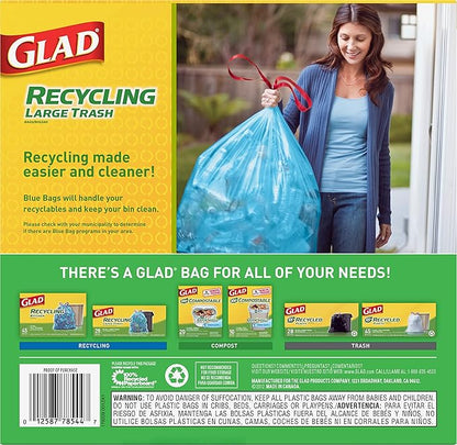 Glad Trash Bags, Large Drawstring Garbage Bags, 30 Gallon Blue Trash Bags for Large Kitchen Trash Can or Recycling, 28 Count - Packaging May Vary