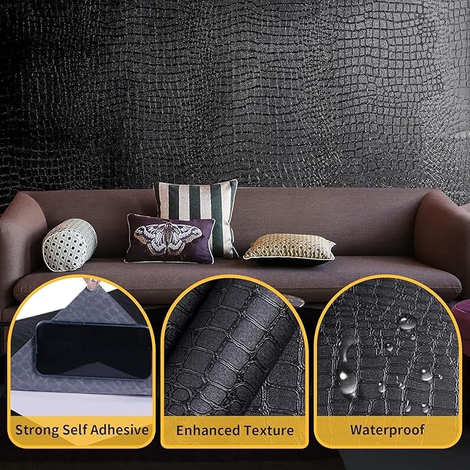 Black Peel and Stick Wallpaper, 15.7" X 78.7", Embossed Crocodile Wallpaper, Easy Peel Off, Self-Adhesive, Removable Contact Paper, Textured for Cabinet, Bedroom
