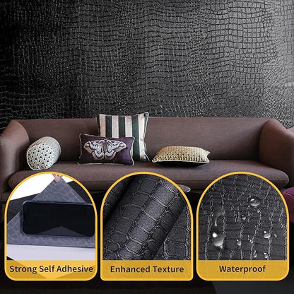 Black Peel and Stick Wallpaper, 15.7" X 78.7", Embossed Crocodile Wallpaper, Easy Peel Off, Self-Adhesive, Removable Contact Paper, Textured for Cabinet, Bedroom