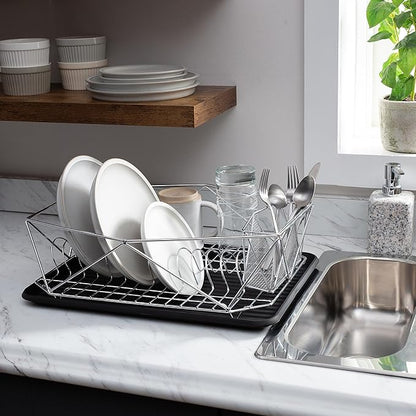 Kitchen Details Geode Deluxe Dish Drying Rack with Drain Board | Cutlery Basket | Utensil Holder | Iron Frame | Chrome