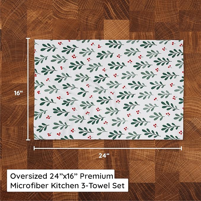Christmas Kitchen Towels Set of 3 Mistletowed – Microfiber Waffle Weave Dish Towels 16x24, Super Absorbent & Lint-Free Holiday Kitchen Towels for Drying, Cleaning & Christmas Décor