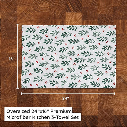 Christmas Kitchen Towels Set of 3 Mistletowed – Microfiber Waffle Weave Dish Towels 16x24, Super Absorbent & Lint-Free Holiday Kitchen Towels for Drying, Cleaning & Christmas Décor