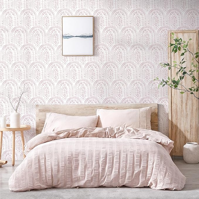 EeeComing Pink Peel and Stick Wallpaper Boho Wall Paper Peel and Stick Modern Contact Paper Self Adhesive Wallpaper for Bedroom and Bathroom Removable Cabinet Shelf Liner Vinyl 17.3”X118.1”