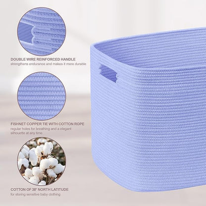 86L Large Baby Girls Laundry Basket for Nursery Storage,Cute Woven cotton Rope Baskets for Kids Toy，Gifts, Boho Square Wicker Blanket hamper for Living Room,Bedroom Dirty Clothes,Blue Purple