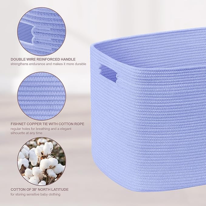 72L Large Baby Girls Laundry Basket for Nursery Storage,Cute Woven cotton Rope Baskets for Kids Toy，Gifts, Boho Square Wicker Blanket hamper for Living Room,Bedroom Dirty Clothes,Blue Purple