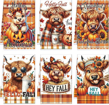 Highland Cow Fall Kitchen Towels, 6PCS Hey Fall Dish Towels Pumpkin Maple Leaf for Cooking Cleaning, Thanksgiving Autumn Decorative Tea Towel for Home Kitchen Bathroom(16 X 24 Inches)