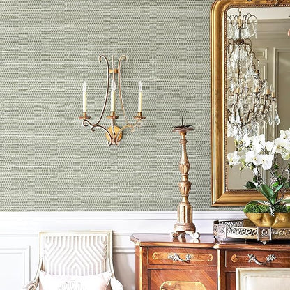 Simon&Siff Green Textured Grasscloth Peel and Stick Wallpaper 17.7"x197" Neutral Faux Grassweave Wallpaper Waterproof Self Adhesive Removable Wallpaper Mural for Home Decor Bedroom Kitchen Cabinet