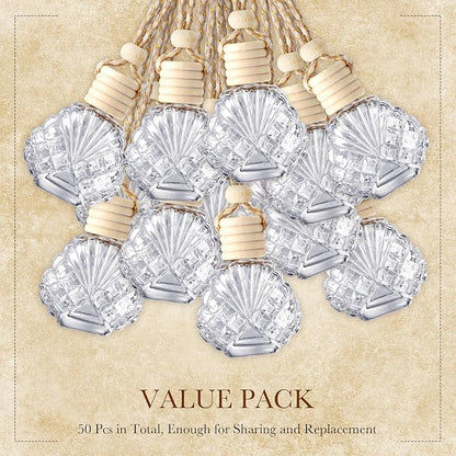 BBTO 50 Pcs Hanging Car Air Freshener Car Diffuser Bottles Empty Glass Perfume Bottle Freshener Diffuser Bottle Pendant for Essential Oil Fragrance Aromatherapy Ornament(Shell)