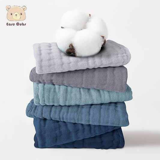 12 Pack Muslin Washcloths for Baby - 100% Cotton Baby Wash Cloths for or Baby Face Body Comfy and Soft for Newborn Infants Kids Girls and Boys - 12"x12" - Slate, Grey and Navy Series