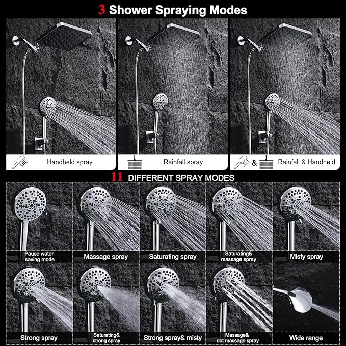 14'' High Pressure Rainfall Shower Head with Handheld-11Modes with Power Jets, Adjustable Rain Showerhead,Double Shower heads design,70"Hose&detachable Holder Upgrade for Tandem Bathroom