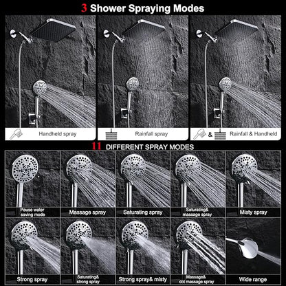 14'' High Pressure Rainfall Shower Head with Handheld-11Modes with Power Jets, Adjustable Rain Showerhead,Double Shower heads design,70"Hose&detachable Holder Upgrade for Tandem Bathroom