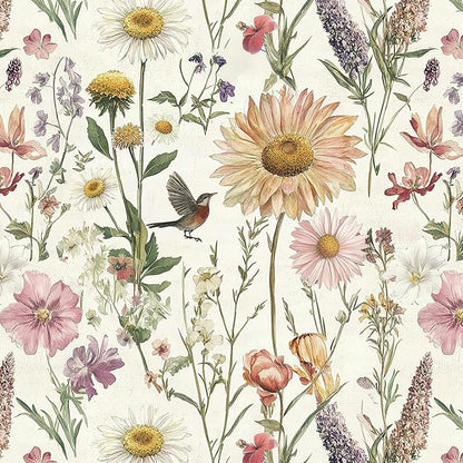 Livebor Floral Peel and Stick Wallpaper Floral Bird Contact Paper 16.9inch x 196.8inch Vintage Flower Wallpaper Peel and Stick Self Adhesive Flower Contact Paper Botanical Decor for Bathroom Vinyl