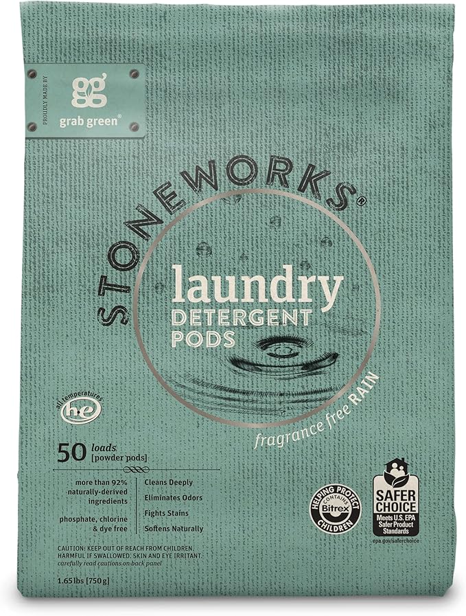 Grab Green Stoneworks Laundry Detergent Pods and Dryer Sheet Bundle, 50 Count Pods and 80 Dryer Sheets, Unscented, Plant and Mineral Based Laundry Care Set
