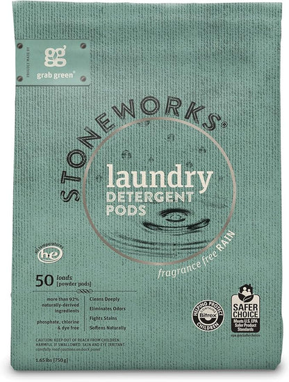 Grab Green Stoneworks Laundry Detergent Pods and Dryer Sheet Bundle, 50 Count Pods and 80 Dryer Sheets, Unscented, Plant and Mineral Based Laundry Care Set