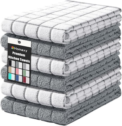 Homaxy Premium Cotton Kitchen Towels 16"x 28", Large Natural Ring Spun 390 GSM Dish Towels, Super Absorbent Terry Kitchen Hand Towels, Soft Tea Towels with Hanging Loop, Grey Check Design, 6 Pack