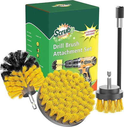 SCRUBIT Drill Brush Attachment Set - Power Scrubber Tile and Grout Tool - Use for Kitchen, Shower, Bathtub and Floor Surface - All Purpose Household Cleaning Kit Includes 3 Brushes with A Bit Extender