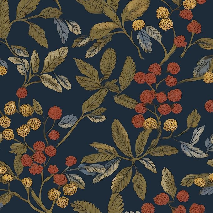 Laatse Vintage Wallpaper Peel and Stick, Navy Blue Floral Contact Paper 17.5" x 393.7", Dark Leaf Botanical Wall Paper Self Adhesive Waterproof Removable for Room Shelves Cabinet Drawer Table Decor