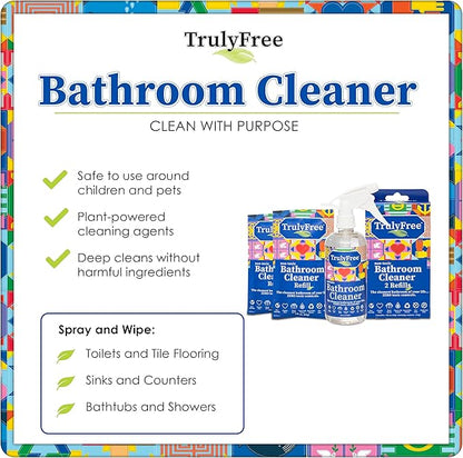 Truly Free All Natural Non-Toxic Bathroom Cleaner Spray, Organic Bath & Tile Cleaning Solution for Toilet, Sink, Tub & Shower, Refillable 2-Pack with 16oz Bottle + 2 Refill Pouches