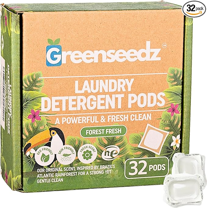 Laundry Detergent Pods, 32 Count, Fresh Scent, Eco Friendly, Biodegradable, HE Compatible, Powerful Stain & Odor Removal, Skin Friendly