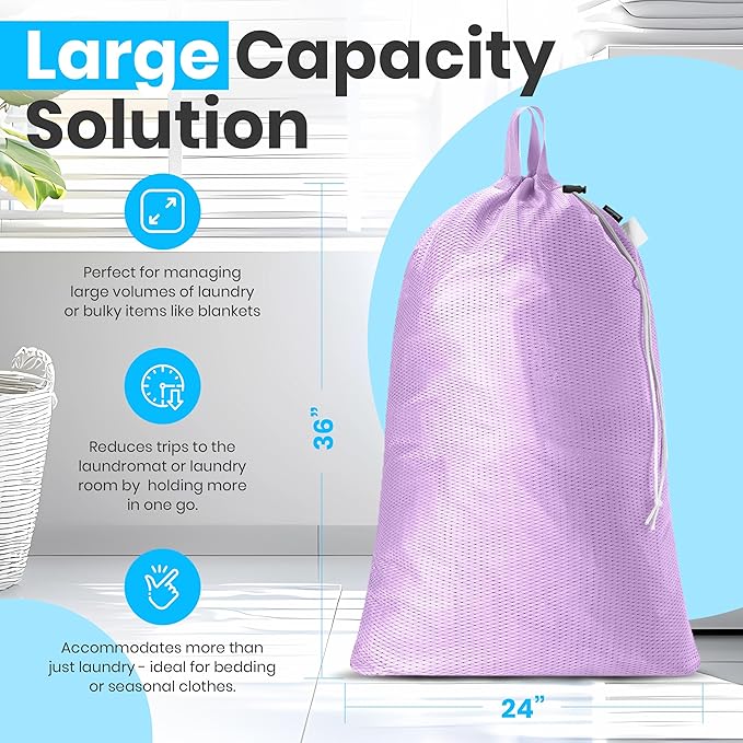 Handy Laundry Mesh Laundry Bag 24 x 36 Inches - Extra Large Heavy Duty Bag with Handles & Shoulder Strap, Breathable, Machine Washable for Dorm, Travel, Bedding & Storage - Purple