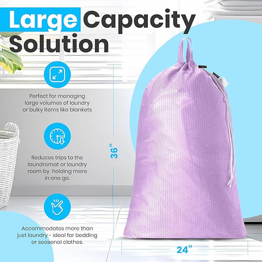 Handy Laundry Mesh Laundry Bag 24 x 36 Inches - Extra Large Heavy Duty Bag with Handles & Shoulder Strap, Breathable, Machine Washable for Dorm, Travel, Bedding & Storage - Purple