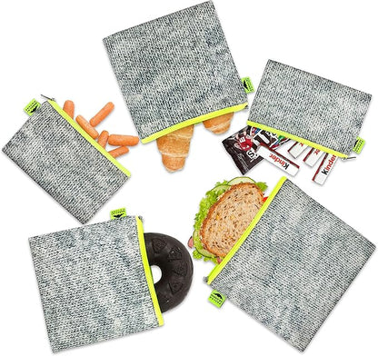 Nordic By Nature Reusable Sandwich Bag Snack Bags - Value Pack of 5 Dual Layer Lunch Baggies - Dishwasher Safe - Eco Friendly Cloth Wraps - Easy Open Zipper (Grey/Neon)