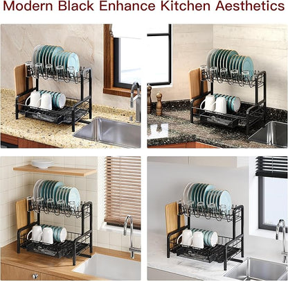 2 Tier Dish Drainers Drying Rack for Kitchen Counter Large Stainless Steel Dishes Drain with Drainboard, Space Saving, Big Modern Black Countertop Metal Plates Dryer Strainer Holder and Extra Tray