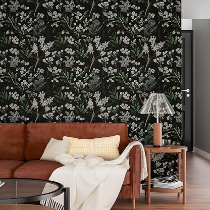 Laatse Dark Floral Wallpaper Peel and Stick Green Leaf Wallpaper Vintage Flowers Contact Paper Waterproof Self Adhesive Boho Delicate Wall Paper for Cabinet Kitchen Walls Locker 17.5in x32.8ft