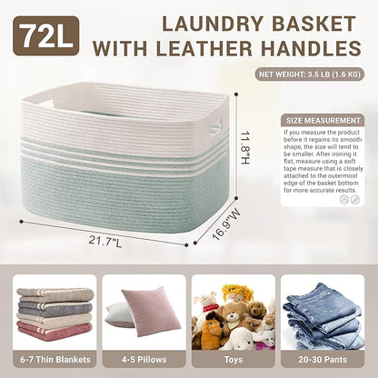 72L Large Laundry Basket for Living Room Storage, Woven Rope Baskets Bin for Blanket, Kids Toy, Gifts, Wicker Hamper for Bedroom Dirty Clothes, 22"x17"x12"White Green