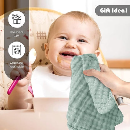 12 Pack Muslin Washcloths for Baby - 100% Cotton Baby Wash Cloths for or Baby Face Body Comfy and Soft for Newborn Infants Kids Girls and Boys - 12"x12" - Grey, Green and Slate