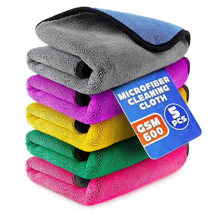 5 Pcs Thick Microfiber Cleaning Cloth – Dual-Layer Cleaning Rags, High-Tensile GSM 600 Fabric, Crafted for Effective Use – 11.8x11.8 Inches Microfiber Towels for Car Detailing, Window, Glass and House