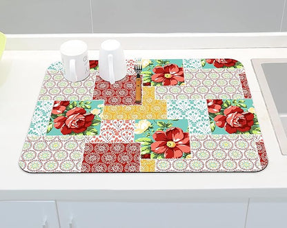 Rubber Dish Drying Mat for Kitchen Counter Large Boho Flowers Washable Quick Home Coffee Pad Fit Under Sink,Bar,Utensils 18x24in