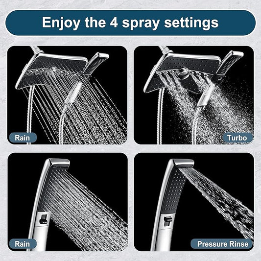 BRIGHT SHOWERS High Pressure Dual Shower Head Combo, Handheld Showerhead Rainfall Shower Head Set with Black Face, 60 Inch Long Stainless Steel Shower Hose, Chrome