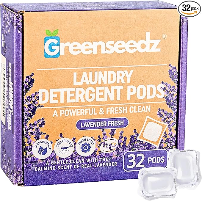 Greenseedz Laundry Pods, Fresh Lavender Scent, 32 Pacs, Eco Friendly, Powerful Clean, Biodegradable, HE Compatible